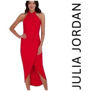 JULIA JORDAN - NWT - L Sz 8 Knot Neck Tulip Hem Midi Dress in Red Scuba Crepe ♥️